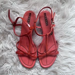 Prada pink patent leather strap sandals with wedge